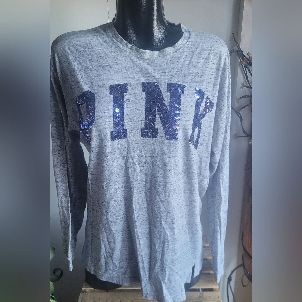 Pink Victoria's Secret Grey Long Sleeve Top with Blue Sequins Front M